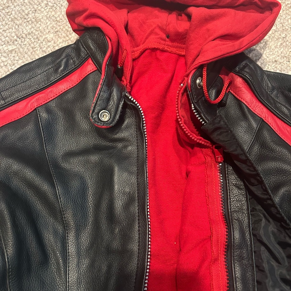 UNIK Premium Women’s Black Red Leather Moto Jacket Removable Hoodie Size M NWOT